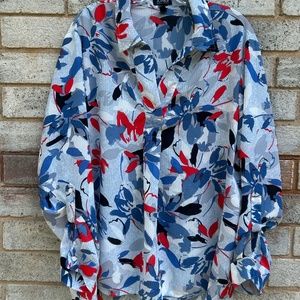 Jones New York Pullover Blouse Top Collar V Neck Long Sleeve Roll Tabs Sz XL